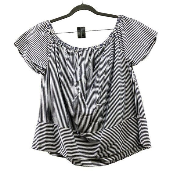 Ava & Viv Short Sleeve Blouse Womens 1X Blue White Stripe Off Shoulder Cotton - Picture 2 of 9